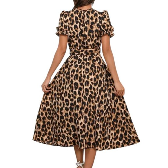 Leopard Lace-up Round Neck Puff A-line Dress - Picture 3 of 5